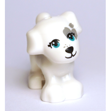white dog friends puppy standing with dark turquoise eyes black nose and mouth dark bluish gray patch pattern cookie