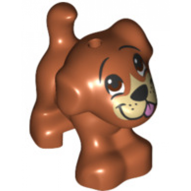 dark orange dog friends puppy standing with reddish brown eyes black nose and mouth tan muzzle and bright pink tongue pattern bruno