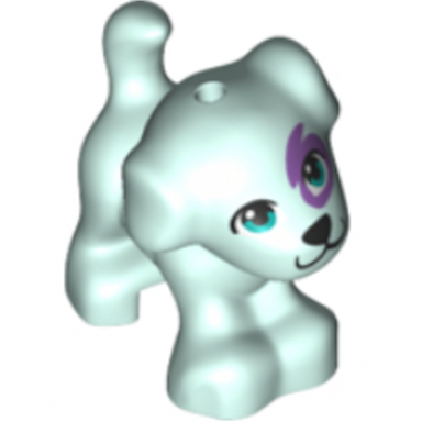 light aqua dog friends puppy standing with dark azure eyes black nose and mouth medium lavender patch pattern