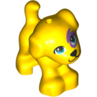 yellow dog friends puppy standing with dark azure eyes black nose and mouth medium lavender patch pattern