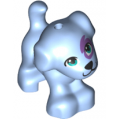 bright light blue dog friends puppy standing with dark azure eyes black nose and mouth medium lavender patch pattern