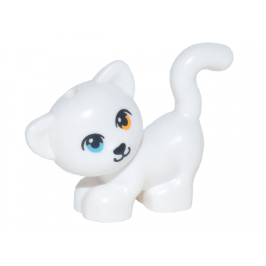 white cat friends standing and looking left with bright light orange left eye and medium azure right eye black nose and mouth pattern