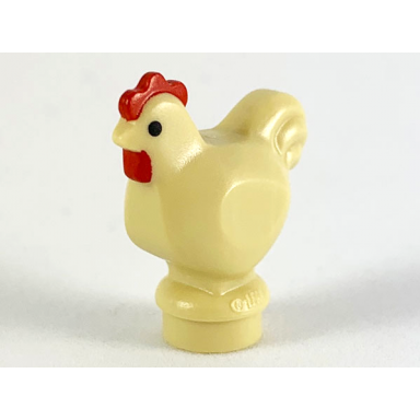 tan chicken narrow base with black eyes and red comb and wattle pattern