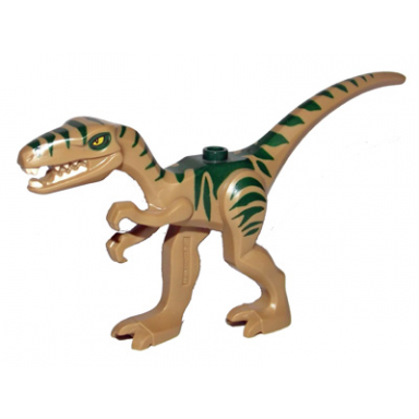 dark tan dinosaur coelophysis gallimimus with dark green stripes and yellow eyes pattern