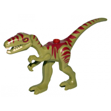 dinosaur coelophysis gallimimus with dark red stripes and yellow eyes pattern
