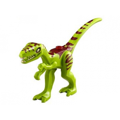 dinosaur coelophysis gallimimus with dark red stripes and white eyes pattern