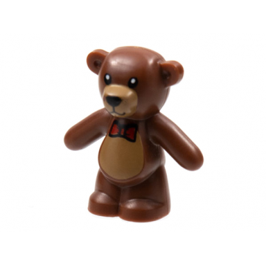 reddish brown teddy bear with black eyes nose and mouth medium nougat stomach and muzzle and red bow tie pattern