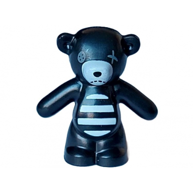 black teddy bear with dark bluish gray button eye and stitch white muzzle and striped stomach pattern