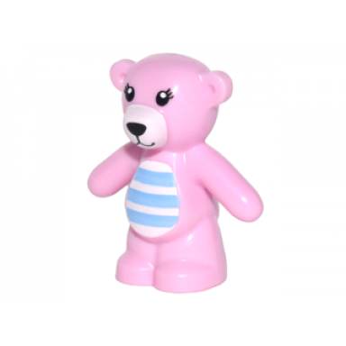 bright pink teddy bear with black eyes nose and mouth white stomach and muzzle and medium blue stripes pattern