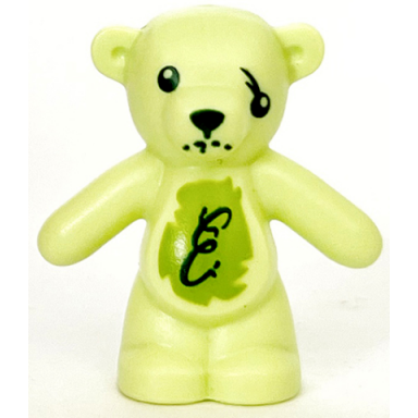 yellowish green teddy bear with dark green eyes nose and mouth script letter e on lime stomach damaged eye pattern
