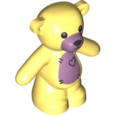 bright light yellow teddy bear with black eyes metallic pink muzzle and stomach black stitches and heart pattern