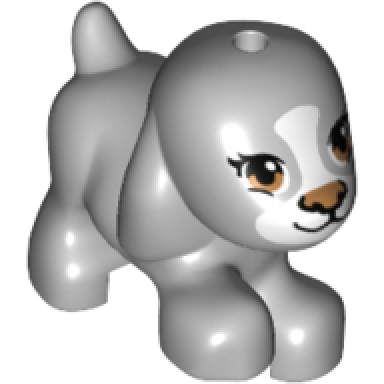 light bluish gray dog friends puppy walking with medium nougat eyes and nose black mouth and white blaze and muzzle pattern
