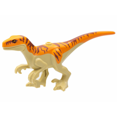 dinosaur atrociraptor with orange back reddish brown stripes and bright light orange eyes