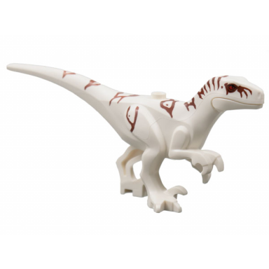 dinosaur atrociraptor with reddish brown markings and red eyes