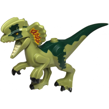 olive green dinosaur dilophosaurus second version with flexible rubber tail bright light orange red and dark green markings