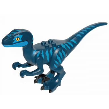 dark blue dinosaur raptor velociraptor with blue markings and blue eye patch