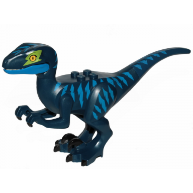 dark blue dinosaur raptor velociraptor with blue markings and lime eye patch