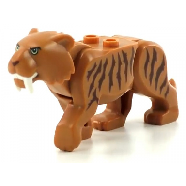 medium nougat cat large saber-toothed tiger with light yellow eyes long teeth and reddish brown stripes pattern