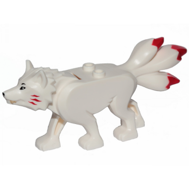white wolf with black eyes and nose tan teeth and red tips on three tails pattern ninjago akita
