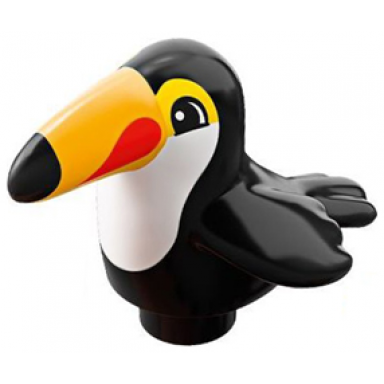 black duplo bird toucan with white chest and bright light orange beak pattern