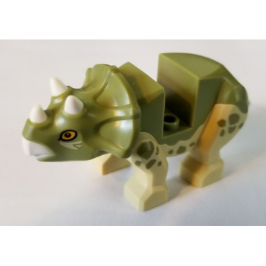 dinosaur triceratops baby with fixed olive green top with molded white horns and beak and printed bright light orange eyes and olive green spots pattern