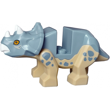 dinosaur triceratops baby with fixed sand blue top with molded white horns and beak and printed bright light orange eyes and sand blue spots pattern