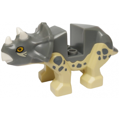 dinosaur triceratops baby with fixed dark bluish gray top with molded white horns and beak and printed bright light orange eyes and dark bluish gray spots pattern