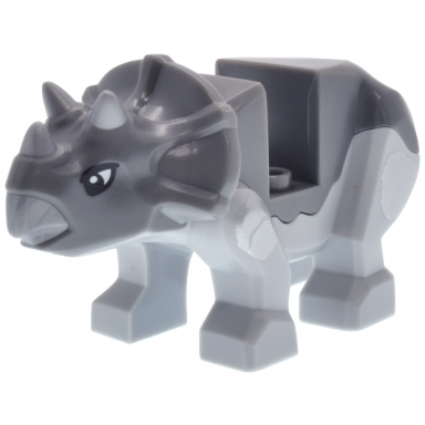 dinosaur triceratops baby with fixed dark bluish gray top with molded flat silver horns and beak and printed white eyes and silver spots pattern