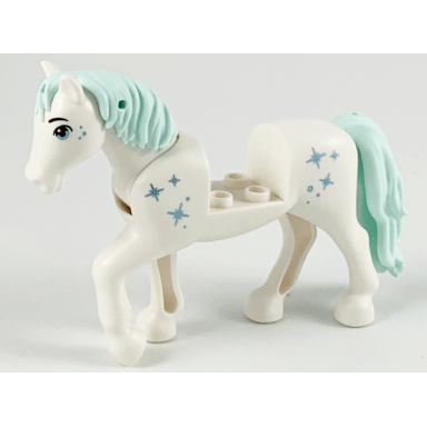 white horse with 2 x 2 cutout and movable neck with molded light aqua tail and mane and printed metallic light blue eyes sparkles and dots pattern