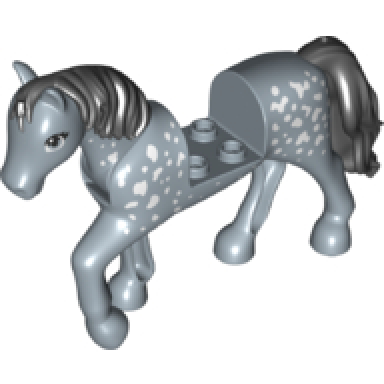 sand blue horse with 2 x 2 cutout and movable neck with molded black tail and mane and printed white spots pattern