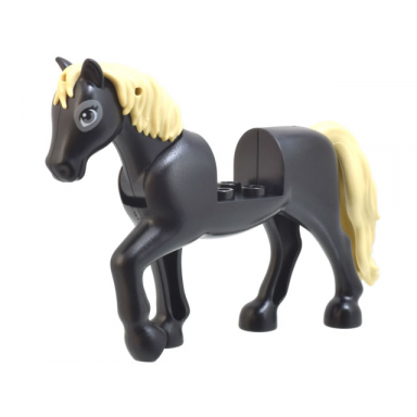 black horse with 2 x 2 cutout and movable neck with molded tan tail and mane and printed dark bluish gray eye patches pattern