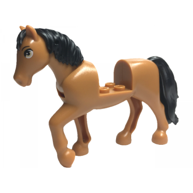 medium nougat horse with 2 x 2 cutout and movable neck with molded black tail and mane and printed tan eyes pattern