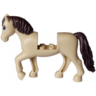 tan horse with 2 x 2 cutout and movable neck with molded dark brown tail and mane and printed dark brown eyes and black eyebrows pattern