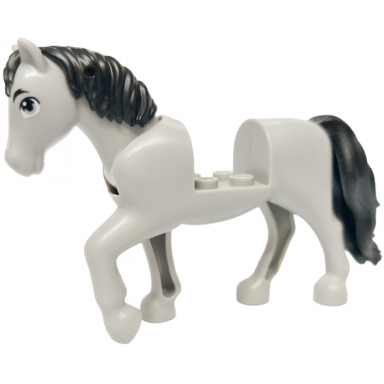 light bluish gray horse with 2 x 2 cutout and movable neck with molded black tail and mane and printed white eyes and black eyebrows pattern