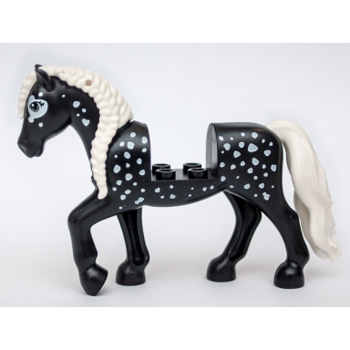 black horse with 2 x 2 cutout and movable neck with molded white tail and braided mane and printed white spots pattern