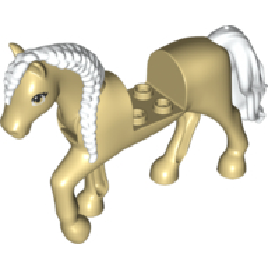 tan horse with 2 x 2 cutout and movable neck with molded white tail and braided mane and printed eyes pattern