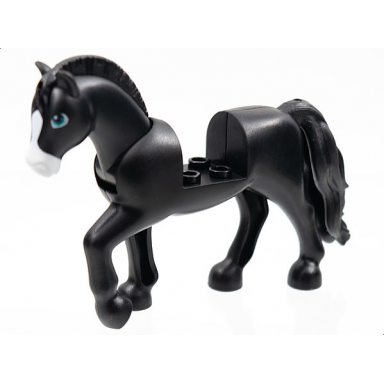 black horse with 2 x 2 cutout and movable neck with molded black tail and roached mane and printed white blaze pattern khan