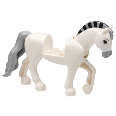 white horse with 2 x 2 cutout and movable neck with molded light bluish gray tail and roached mane and printed light bluish gray muzzle and black stripes on mane pattern