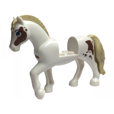 white horse with 2 x 2 cutout and movable neck with molded tan tail and roached mane and printed reddish brown spots pattern