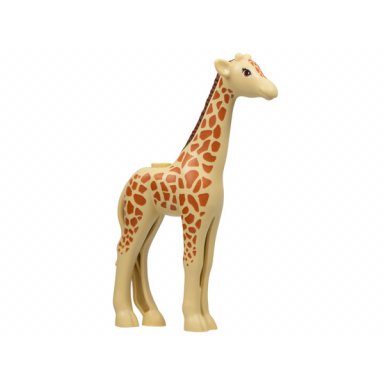 tan giraffe friends with reddish brown mane dark orange eyes and spots pattern