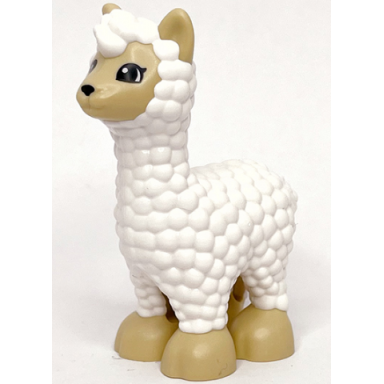 white duplo alpaca llama with tan feet and face and black eyes pattern
