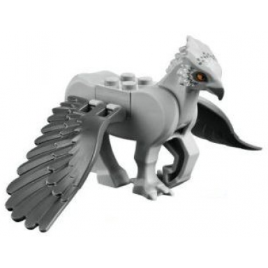hippogriff with dark bluish gray wings with beak dark bluish gray and white feathers and bright light orange eyes pattern hp buckbeak