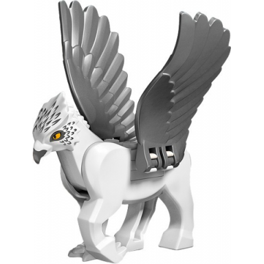 hippogriff with flat silver wings with beak dark bluish gray and silver feathers and bright light orange eyes pattern hp buckbeak - plate 2 x 2 white