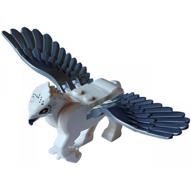 hippogriff with flat silver wings with beak dark bluish gray and silver feathers and bright light orange eyes pattern hp buckbeak - plate 2 x 2 light bluish gray