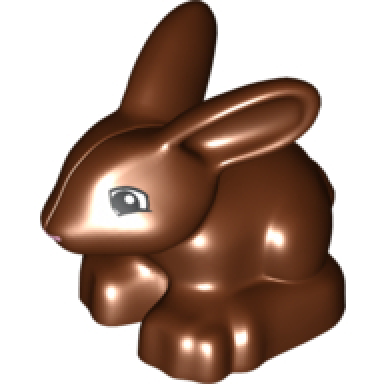 reddish brown duplo bunny rabbit head pointed straight with black eyes squared and thin bright pink nose pattern