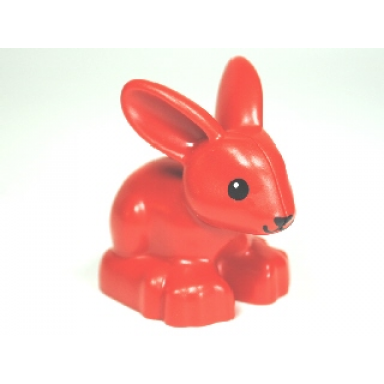 red duplo bunny rabbit head pointed straight with black eyes and black nose pattern