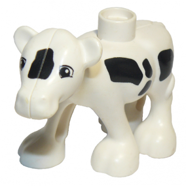 white duplo cow baby calf walking black spots eyes squared