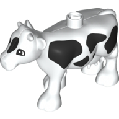 white duplo cow adult walking black spots