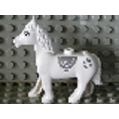 white duplo horse with movable head with silver mane saddle and hearts pattern