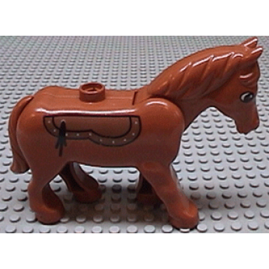 dark orange duplo horse with movable head with saddle pattern